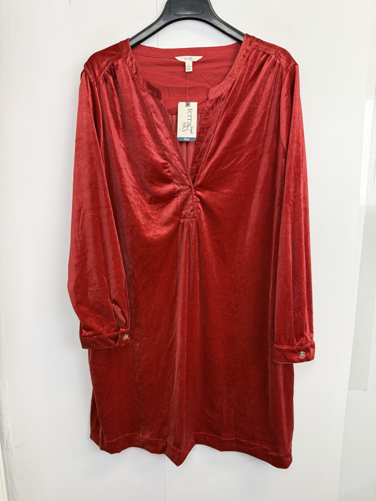 NEW Terra and Sky Women’s Velvet Tunic Dress Red Rust 1X(16W-18W) Long Sleeve