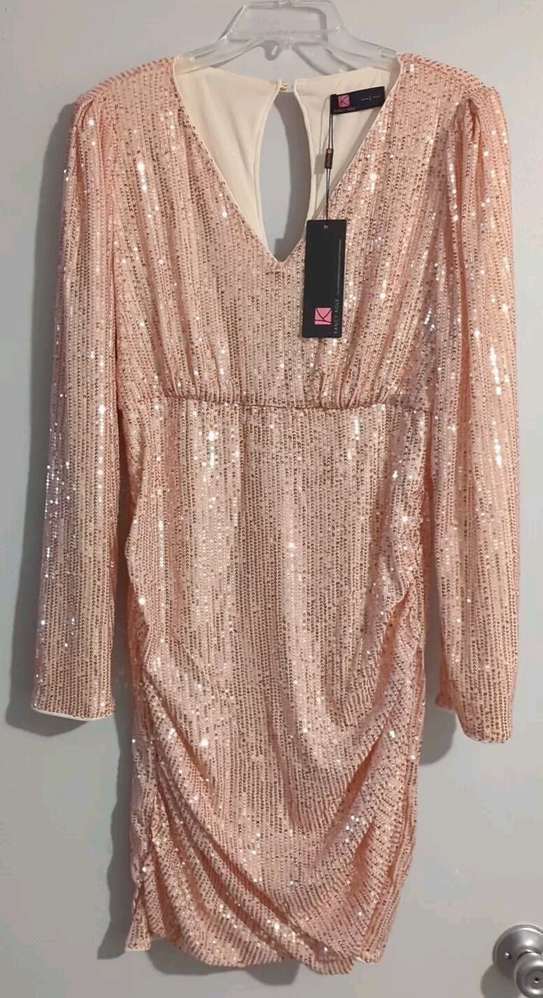 KANCY KOLE Sequin Dress VNeck Puff Long Sleeve Side Ruched Bodycom Jr Miss L NWT