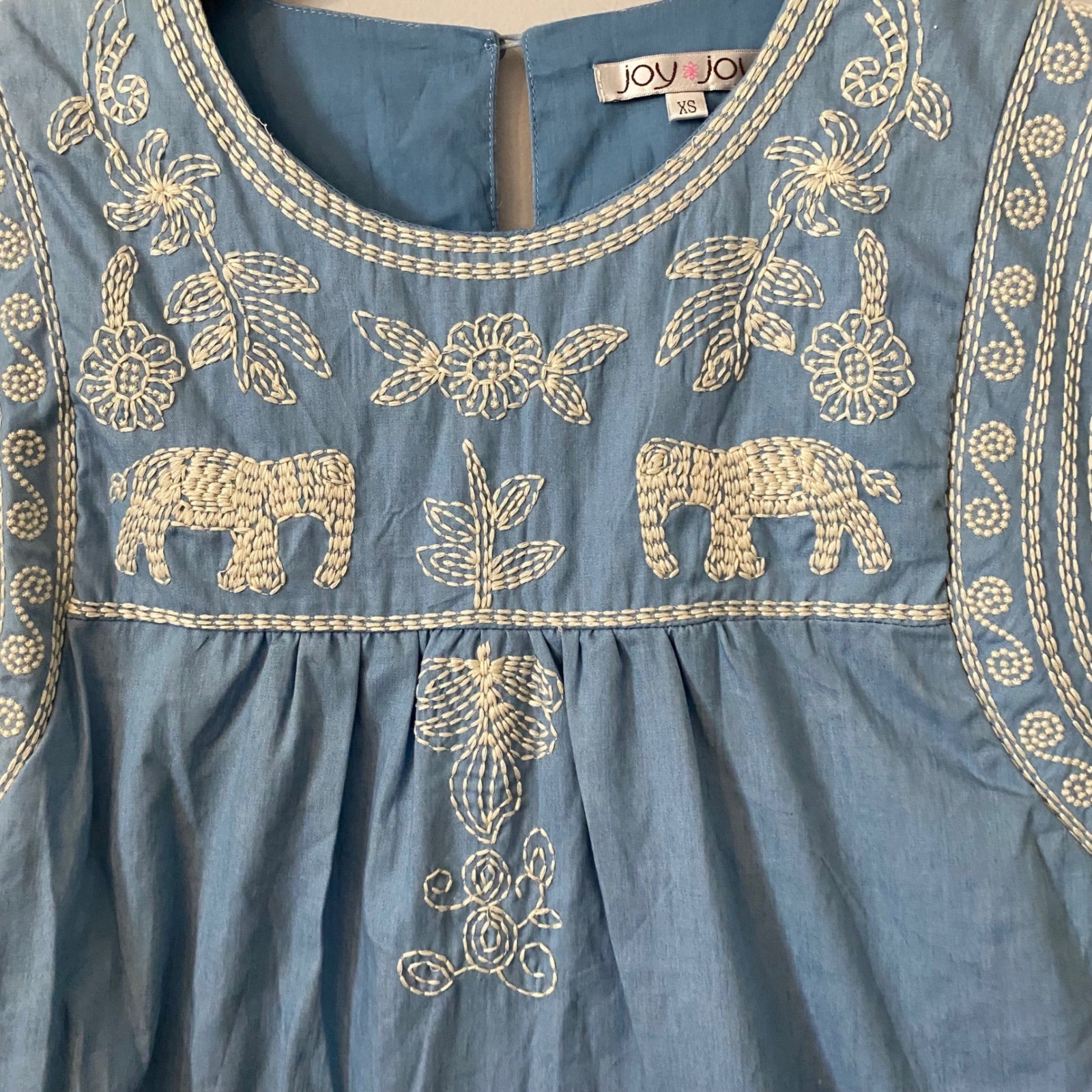 Joy Joy Blue Chambray Embroidered Elephant Boho Ruffle Hem Mini Dress XS