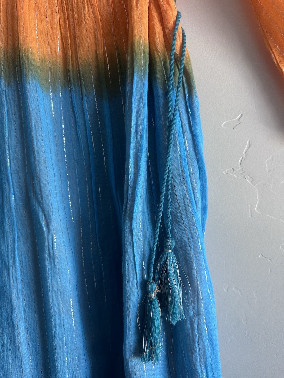 NOVICA Orange Blue Ombre Embroidered Maxi Dress S Lined 3/4 Bell Sleeve