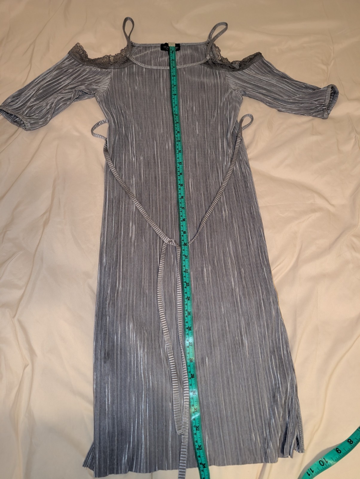 Topshop Silver Shift Dress Scoop Neck Cold Shoulder Pleated Lace Tie Belt 2