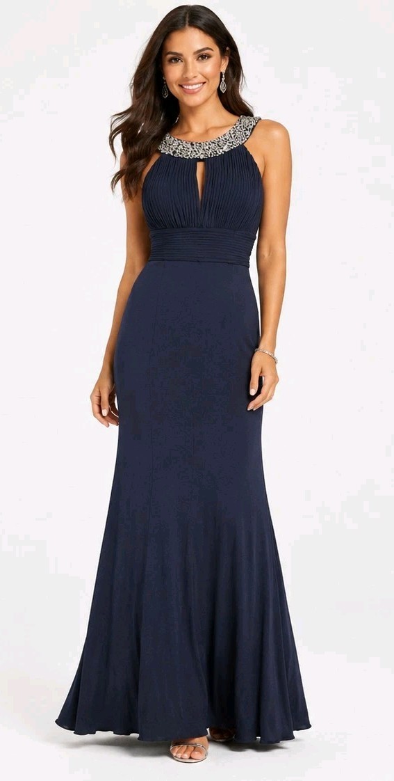 JS Boutique Gown 4 Navy Beaded Pleated Formal Evening Prom Maxi Dress