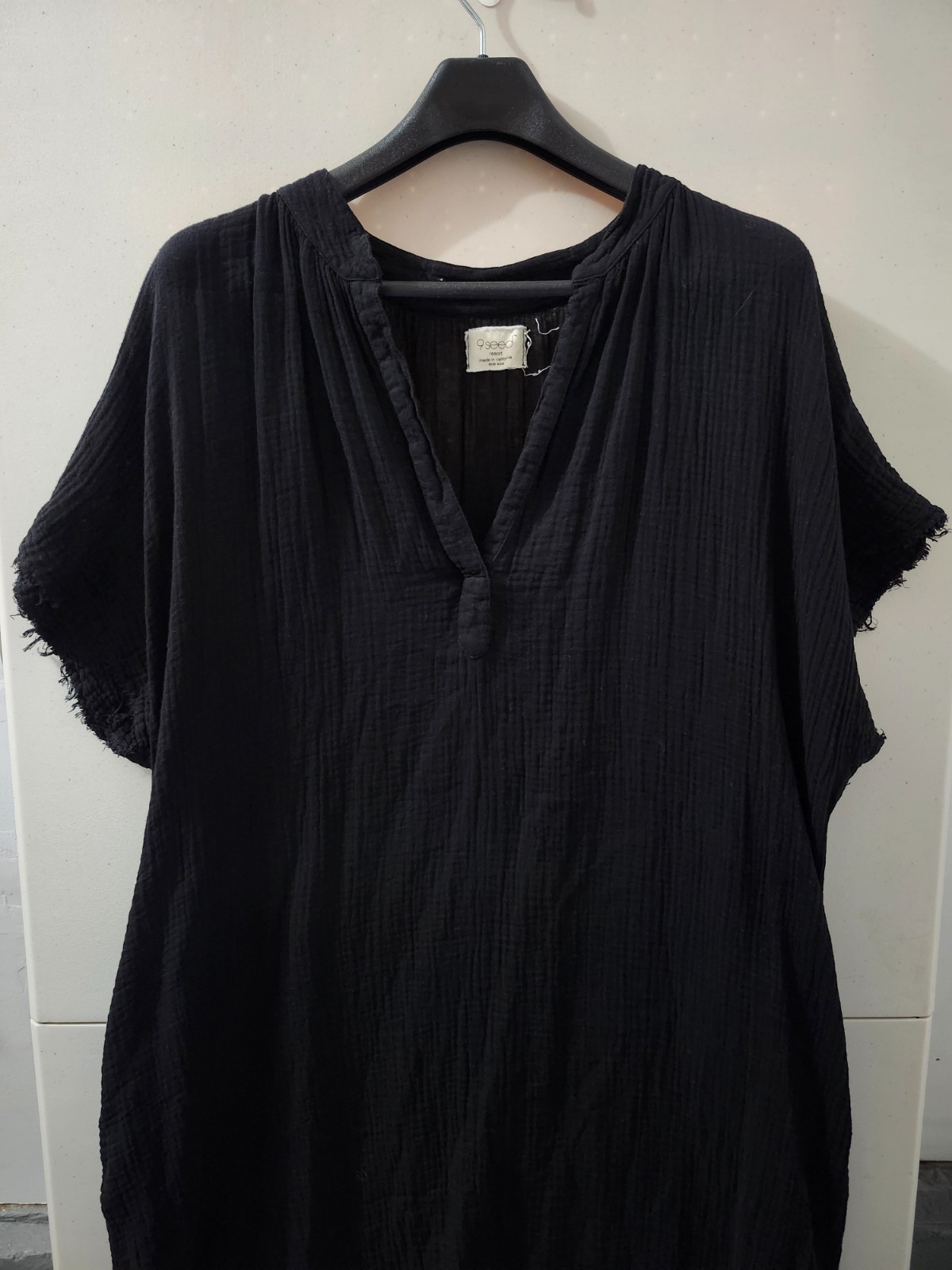 9Seed Dress Womens OS Black TUNISIA Short Sleeve Gauze Crinkle Cotton Raw Edge