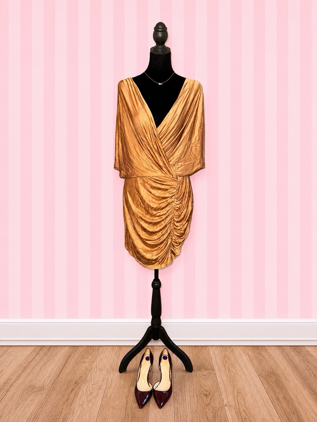 Boston Proper Bronze Ruched Satin Cocktail Dress | Draped V-Neck | Party Wedding