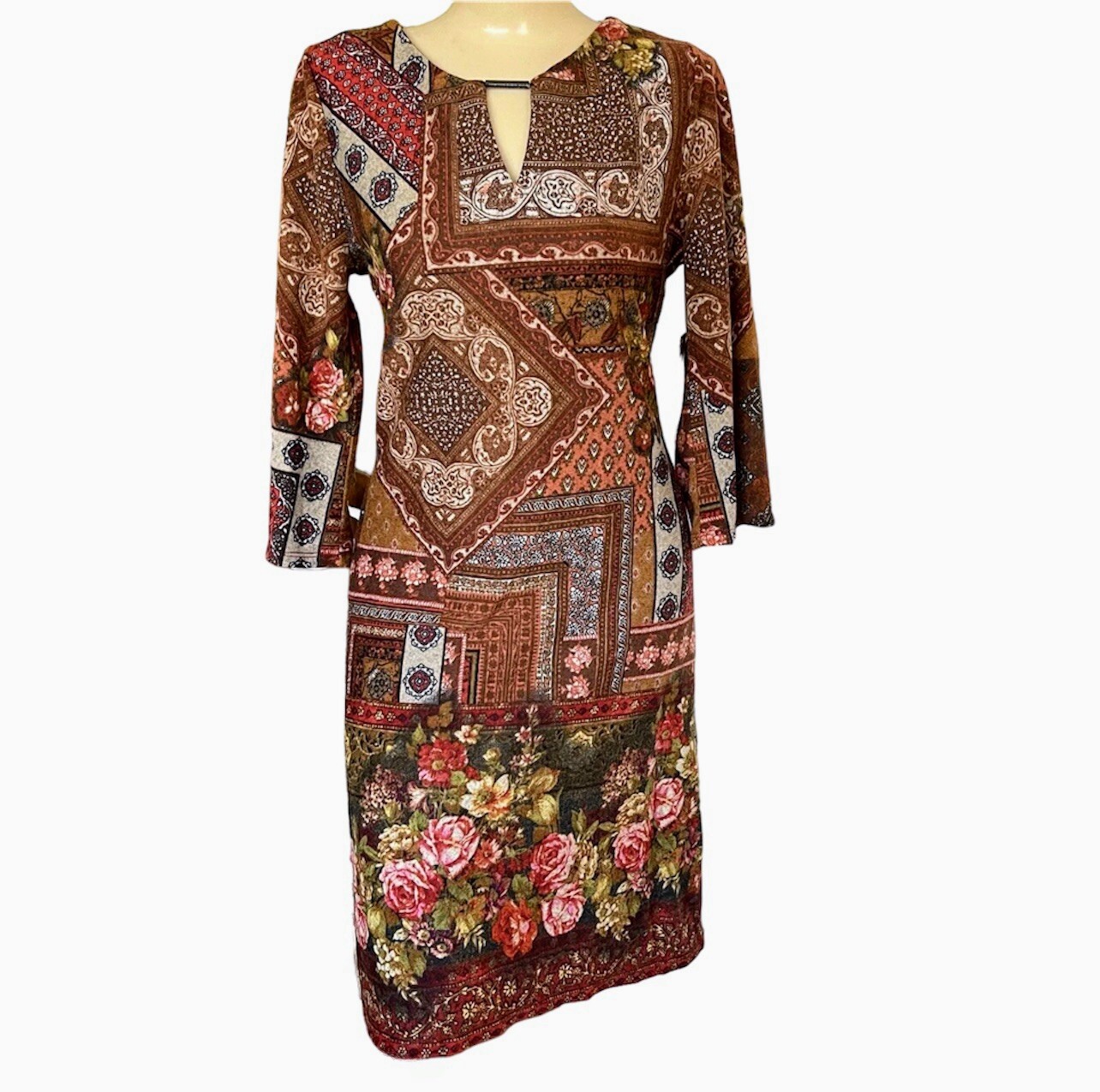 Patchwork Floral Pullover Dress Size Small Midi Shift Dress Casual Boho