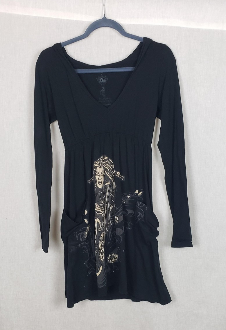 Key Closet Hoodie Dress Tunic Top L Black Graphic Medusa Retro Y2K Cyber Grunge