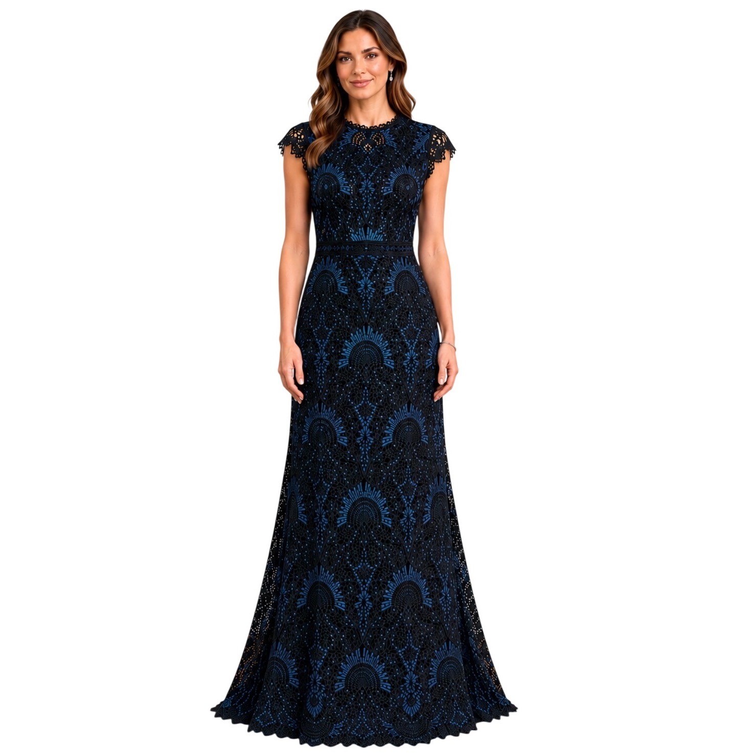 Shoshanna Midnight Blue Black Lace Cap Sleeve Gown Maxi Dress 1890202 Size 0