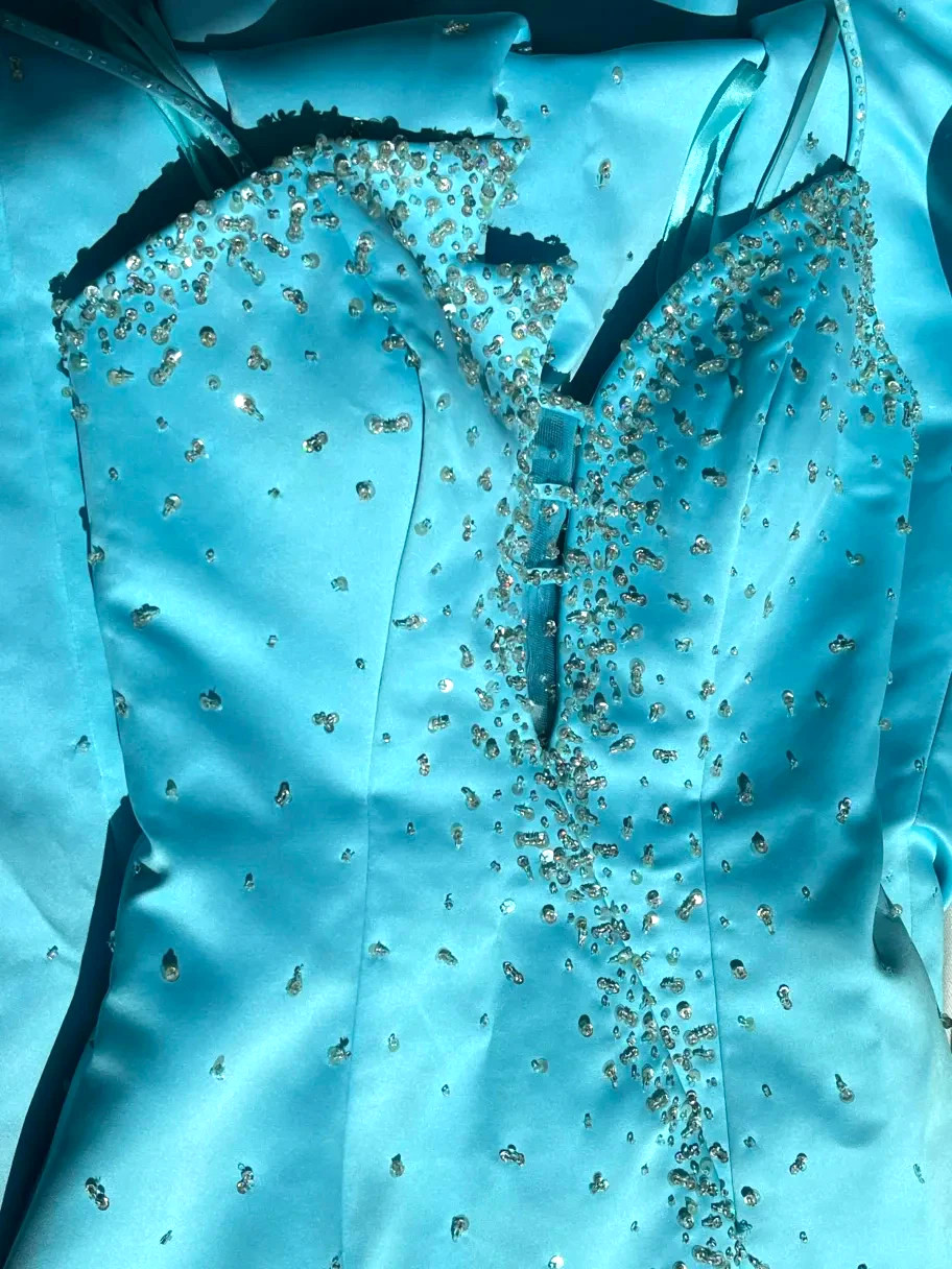 Mori Lee Bright Cyan Gown, Deep V-neck, Sequins, Trumpet skirt flare, zipperback