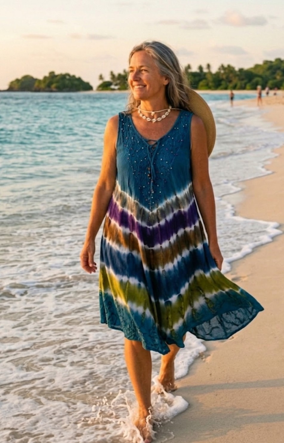Women’s Tie Dye Boho Vibe Sundress ONE SIZE Casual Beach Dress Sleeveless Blue