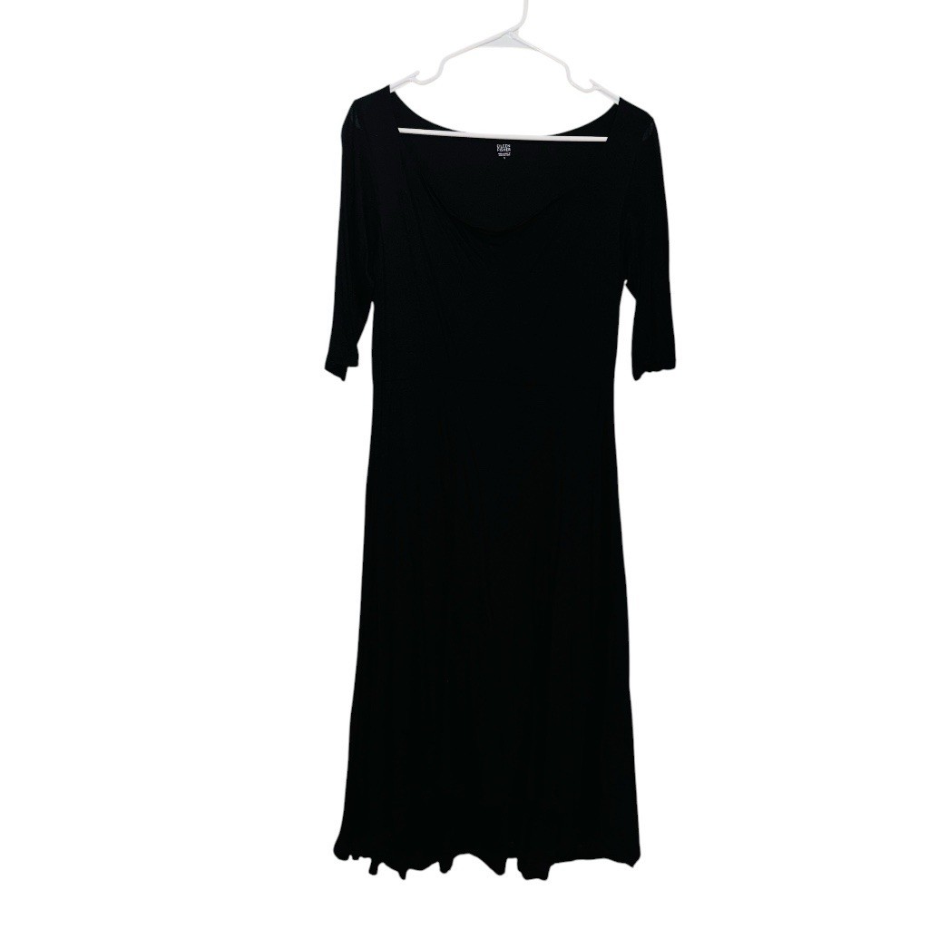 Eileen Fisher Black Knit Scoop Neck 3/4 Sleeve Midi Shift Dress Lyocell Silk S