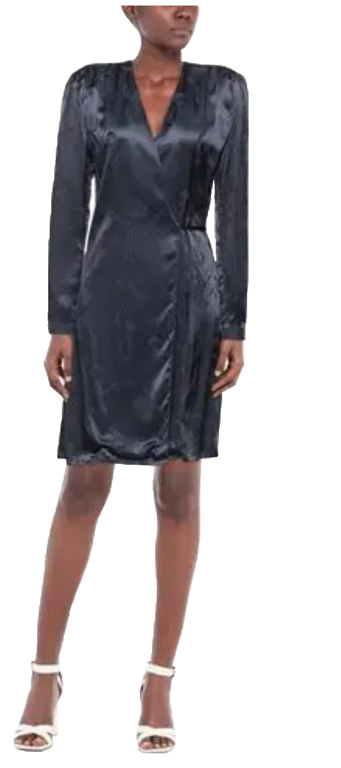 $235 Cacharel Satin Jacquard Blue Wrap Ling Sleeve Dress UK8 EU36 USA4 IT40 BNWT