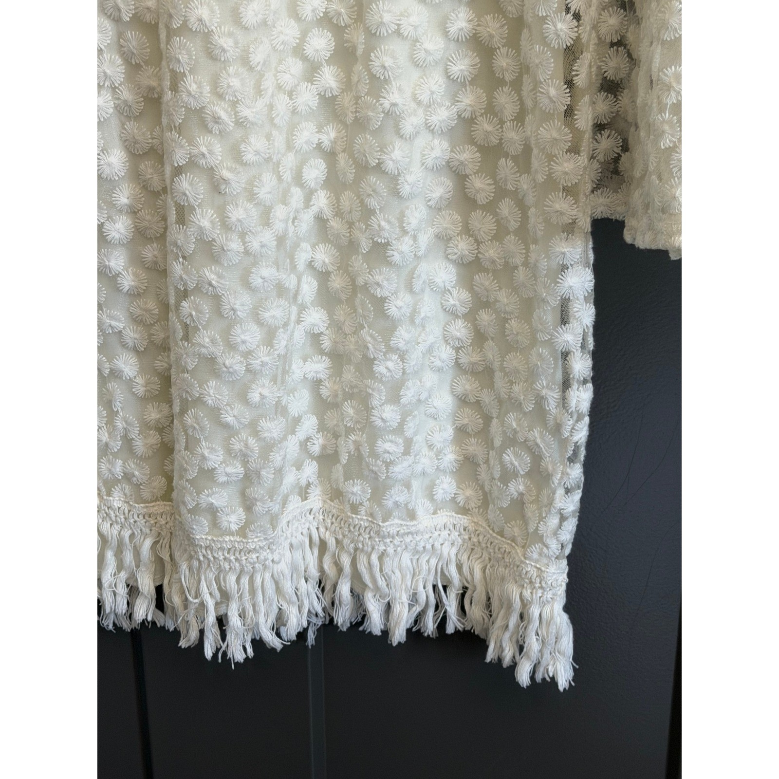 Indigo Soul White Floral Embroidered Mesh Bell Sleeve Fringe Shift Dress XL