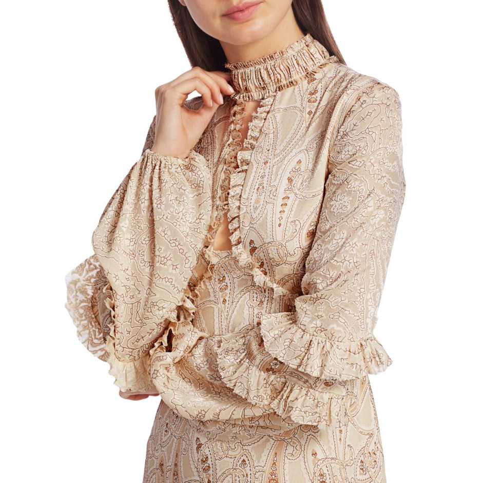 Alexis LIORA Asymmetrical Empire-Waist Keyhole Ruffle Long-Sleeve Satin Dress XS