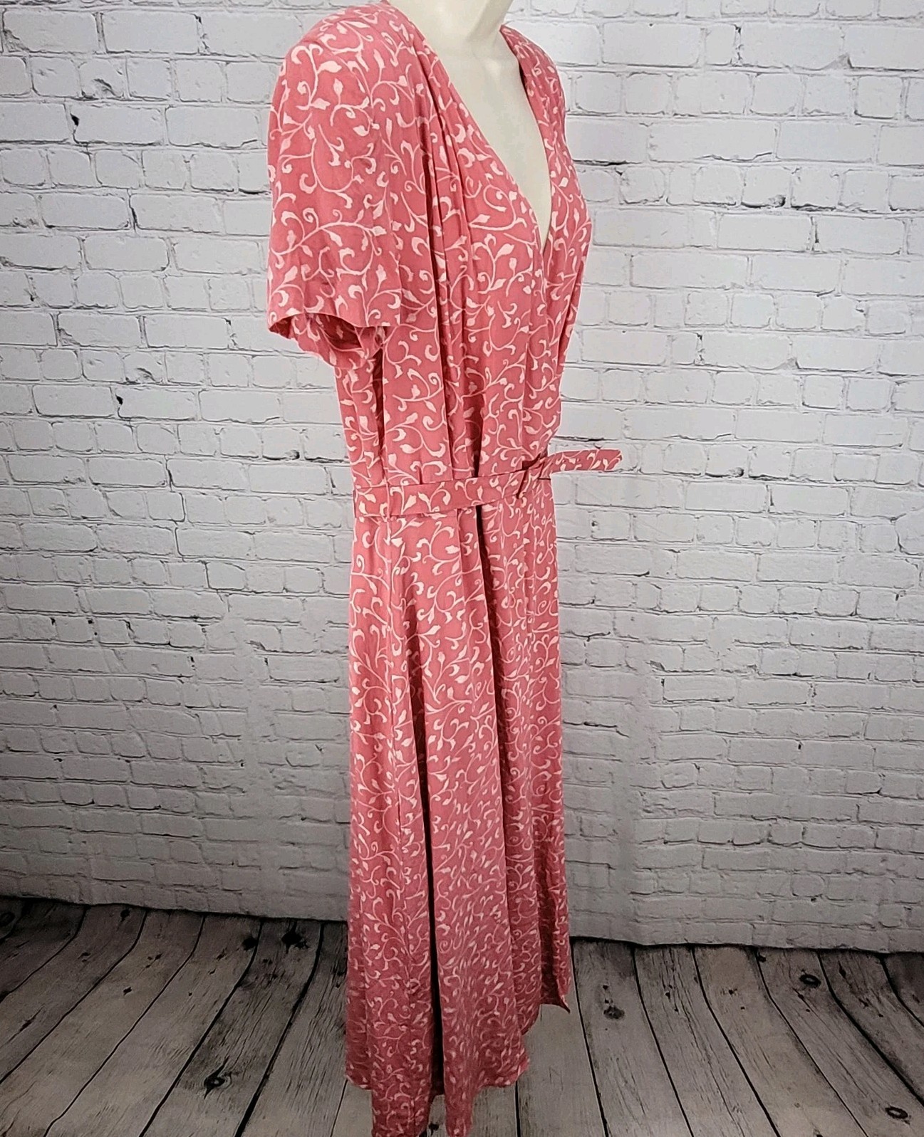 Papillon Pink 100% Silk Leaf Print Short Sleeve Belted Lined Long Wrap Dress 16