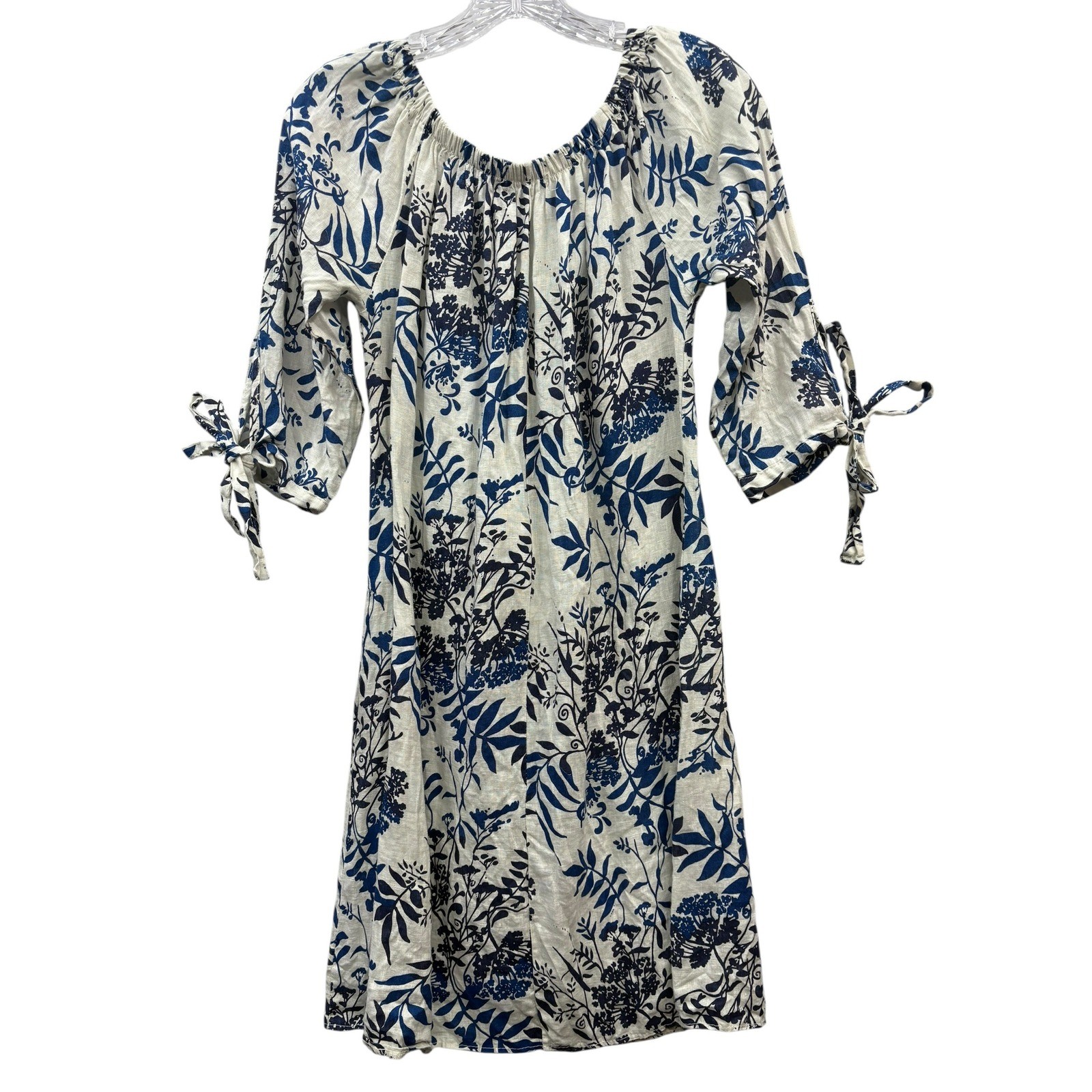 Valentina Naldi Linen Off Shoulder Boho Floral Peasant Dress Blue White Italy S