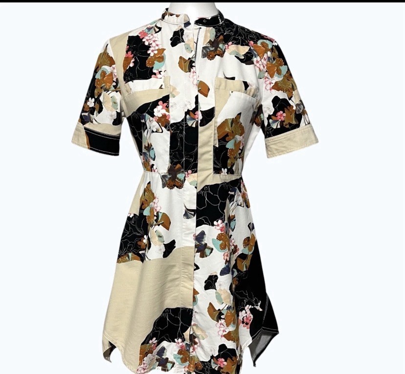 3.1 Phillip Lim Dress Womens XS Beige Floral Cherry Blossom Short Sleeve Qipao