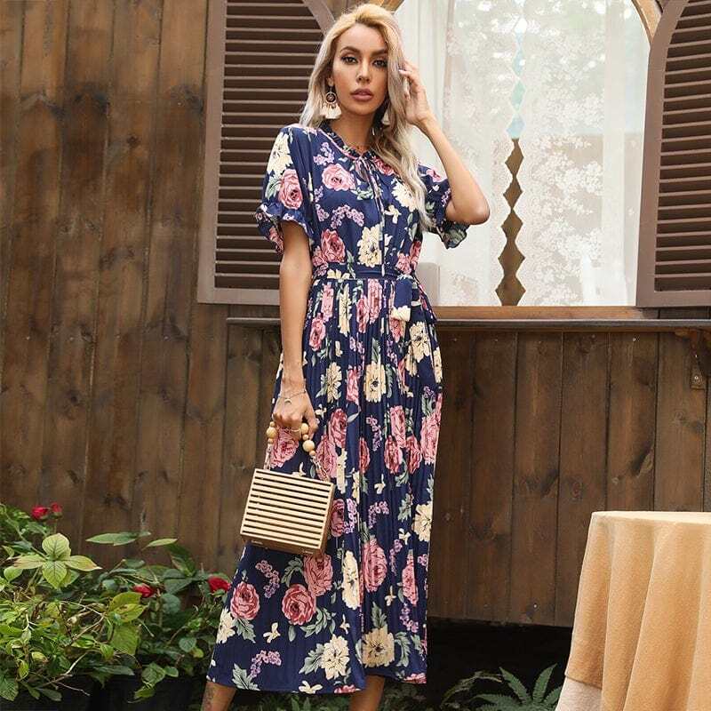 Ruffle Neck Pleated Dress