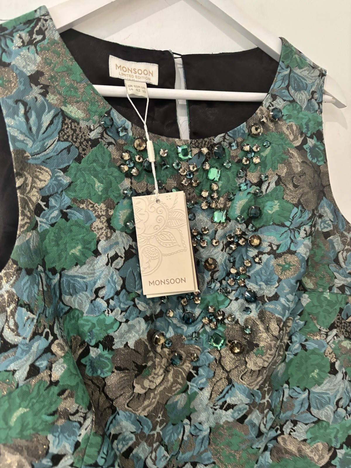 Monsoon Artisan Hand Embellished Green Dress ~ UK 14 US 10 ~ BNWT ~ Rrp £169