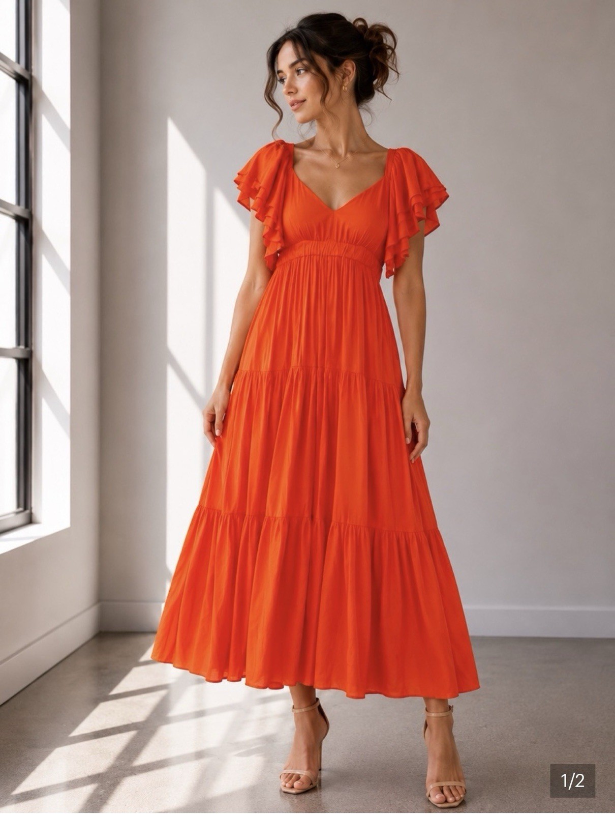 Promesa NWT Orange Open Back Tiered Maxi Dress Flutter Sleeve V Neck Medium