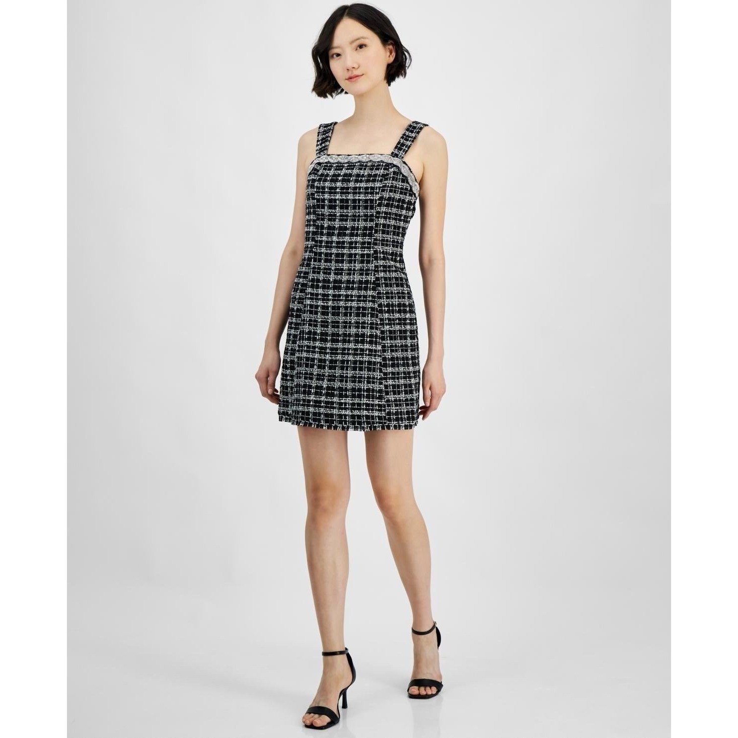 Elie Tahari Juneau Tweed Dress Women MED White Pearl Trim Mini Plaid NEW
