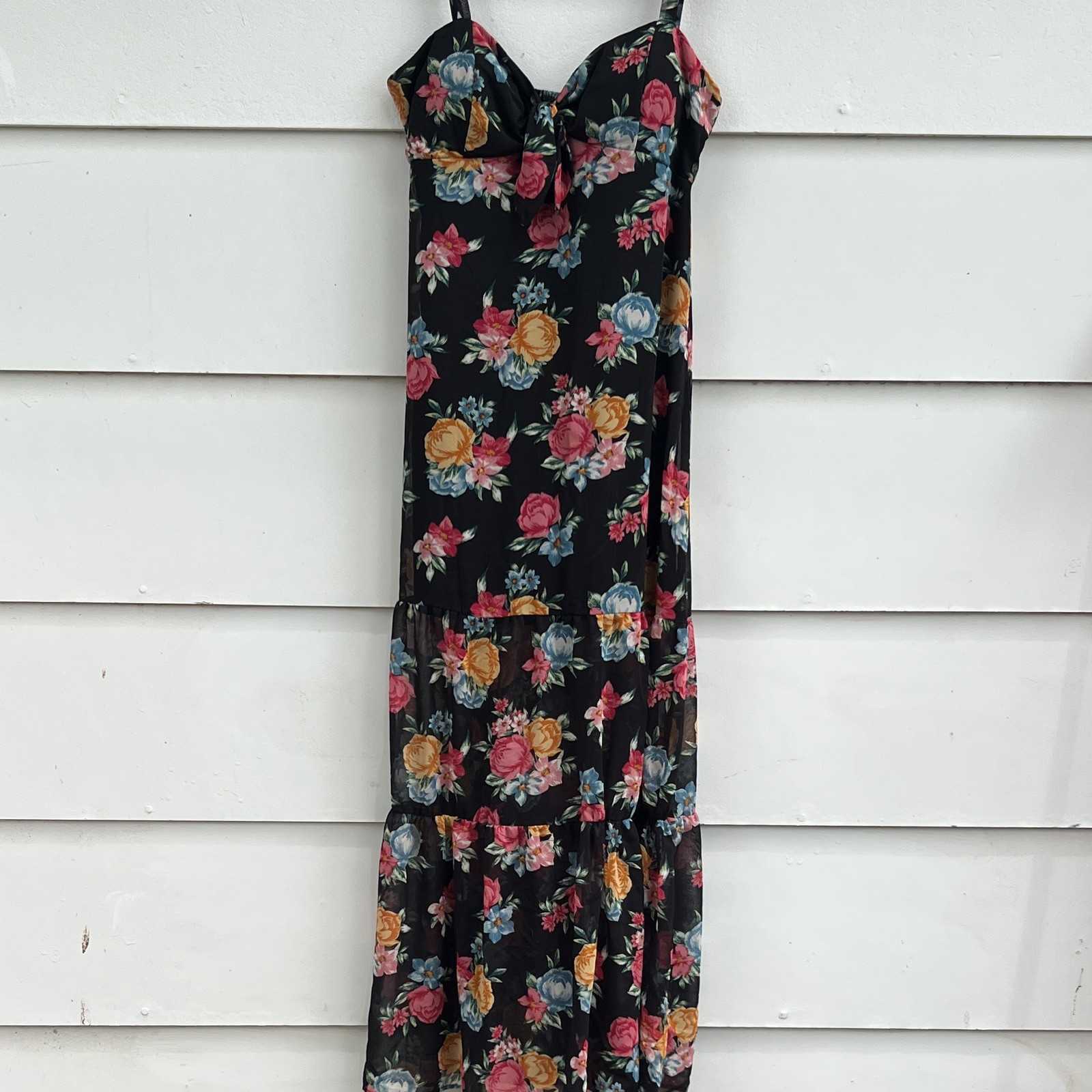 WOMEN’S BLACK MULTICOLOR FLORAL MAXI DRESS SWEETHEART STRAPPY SMOCKED LINED M