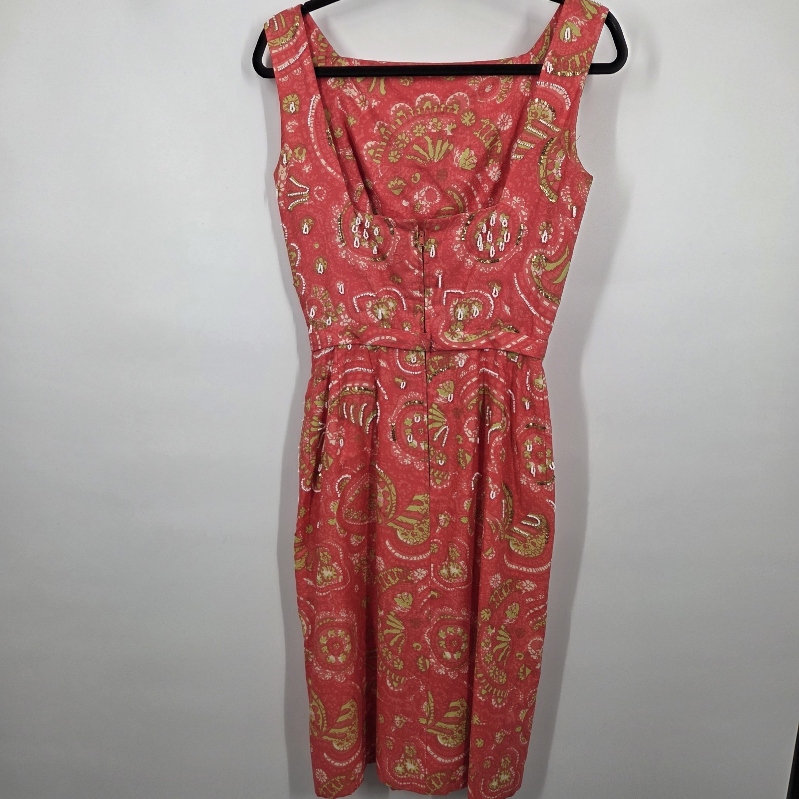 VTG 1960s Handmade Floral Dress with Bow Waist Fully Lined MadMen Beaded Wiggle