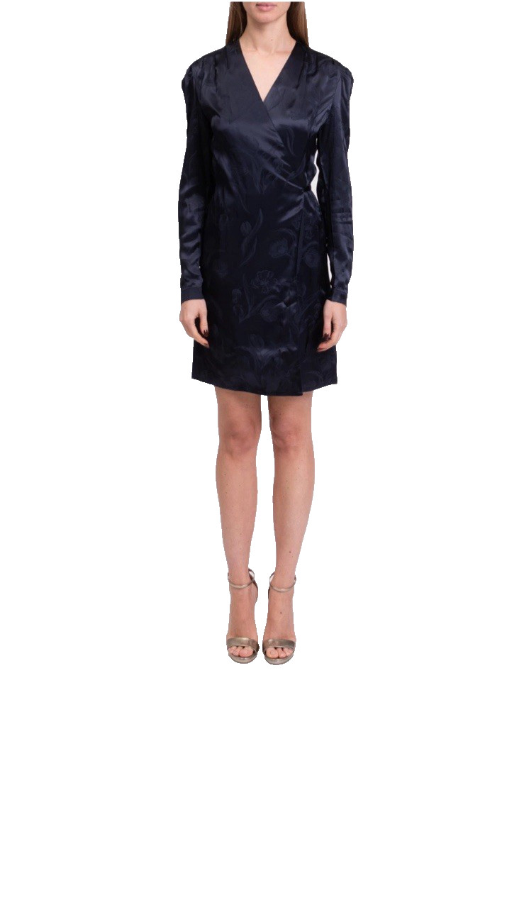 $235 Cacharel Satin Jacquard Blue Wrap Ling Sleeve Dress UK8 EU36 USA4 IT40 BNWT