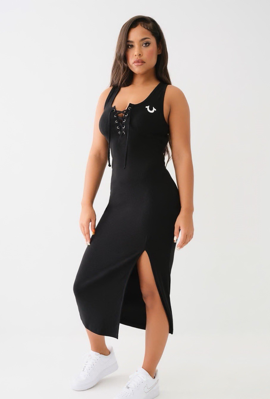 TRUE RELIGION BODYCON TANK TOP MIDI DRESS LONG LACE UP HORSESHOE LOGO Black S SM