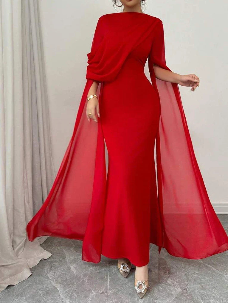 Elegant Evening Oblique Shoulder Pleated Sheer Flowy Maxi Gown