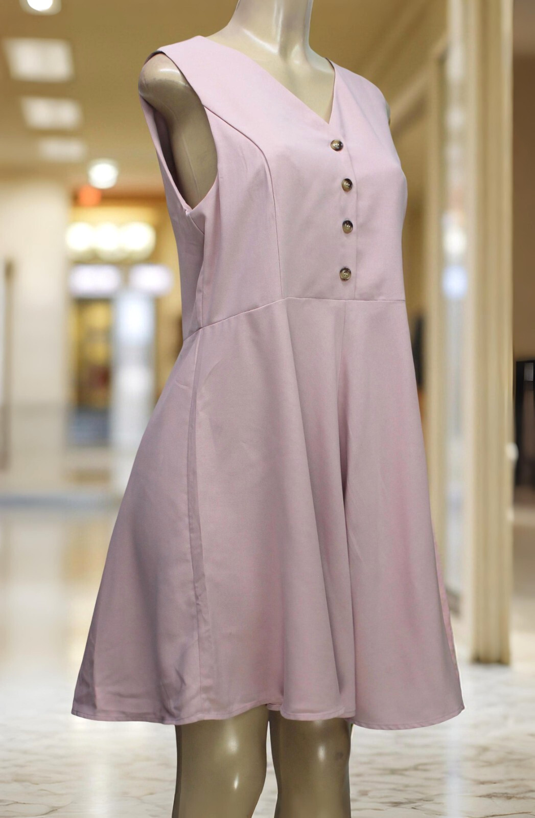 Papillon Women’s V Neck Fit and Flare Dress Sleeveless Button Detail Rose Size M