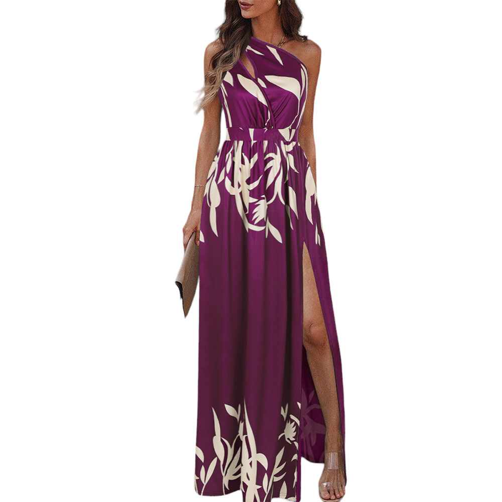 Womens Print One Shoulder High Split Maxi Dress Ladies Party Cocktail Long Dress