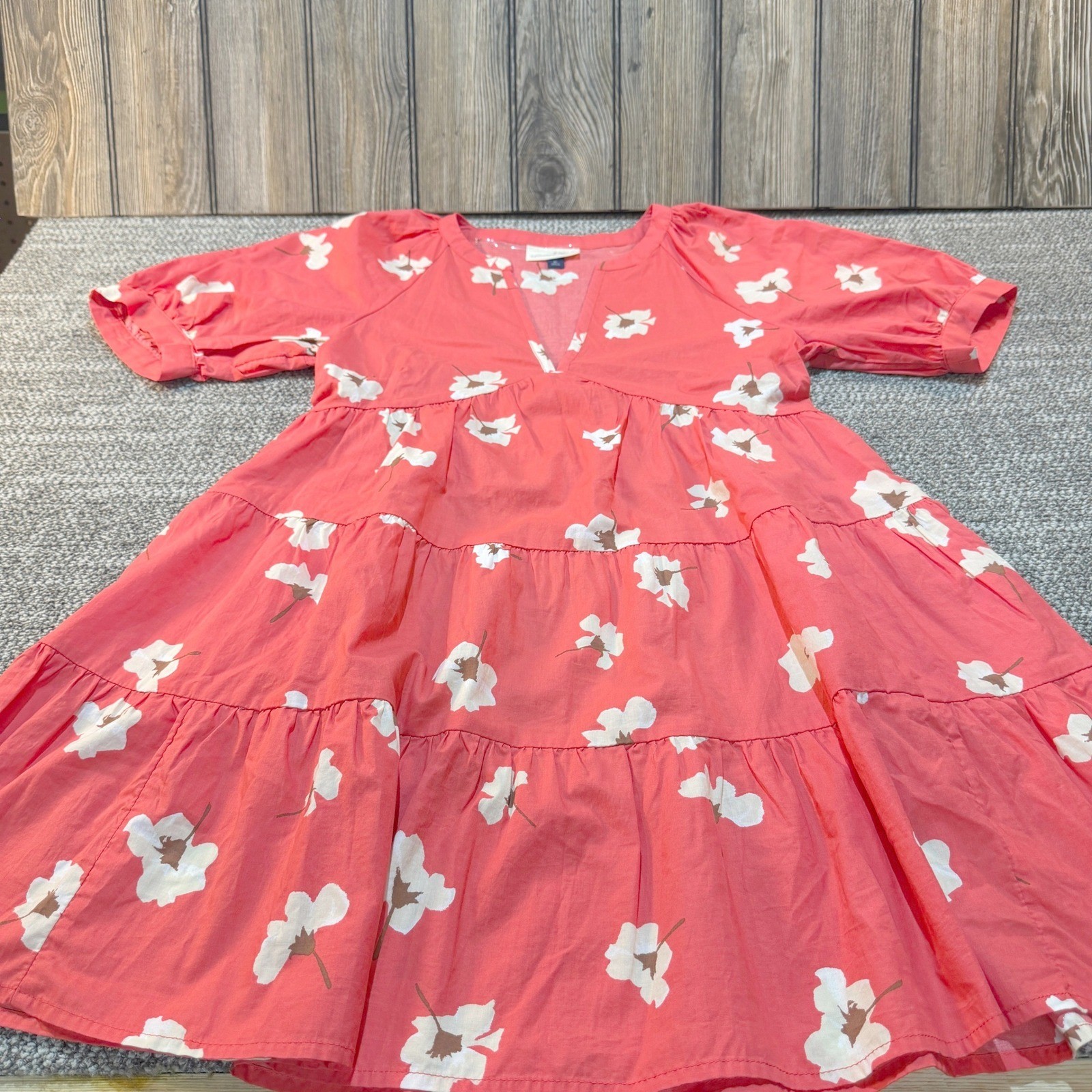 Universal Thread Womens Coral Pink Floral Tiered Mini Babydoll Dress V-Neck XS