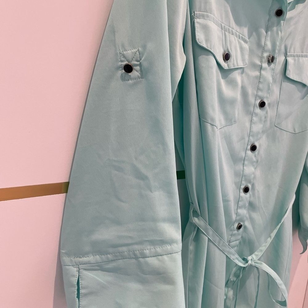 SPEED Control Aqua Turquoise Lightweight Long Sleeve Shirt Dress Button Belted