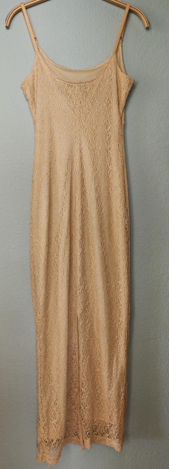 All That Jazz Pale Yellow Gold Tan Lace Maxi Dress Stretch Formal Adj Straps MED