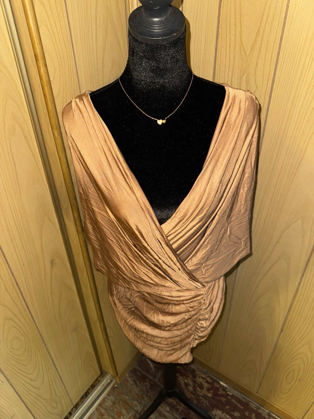 Boston Proper Bronze Ruched Satin Cocktail Dress | Draped V-Neck | Party Wedding