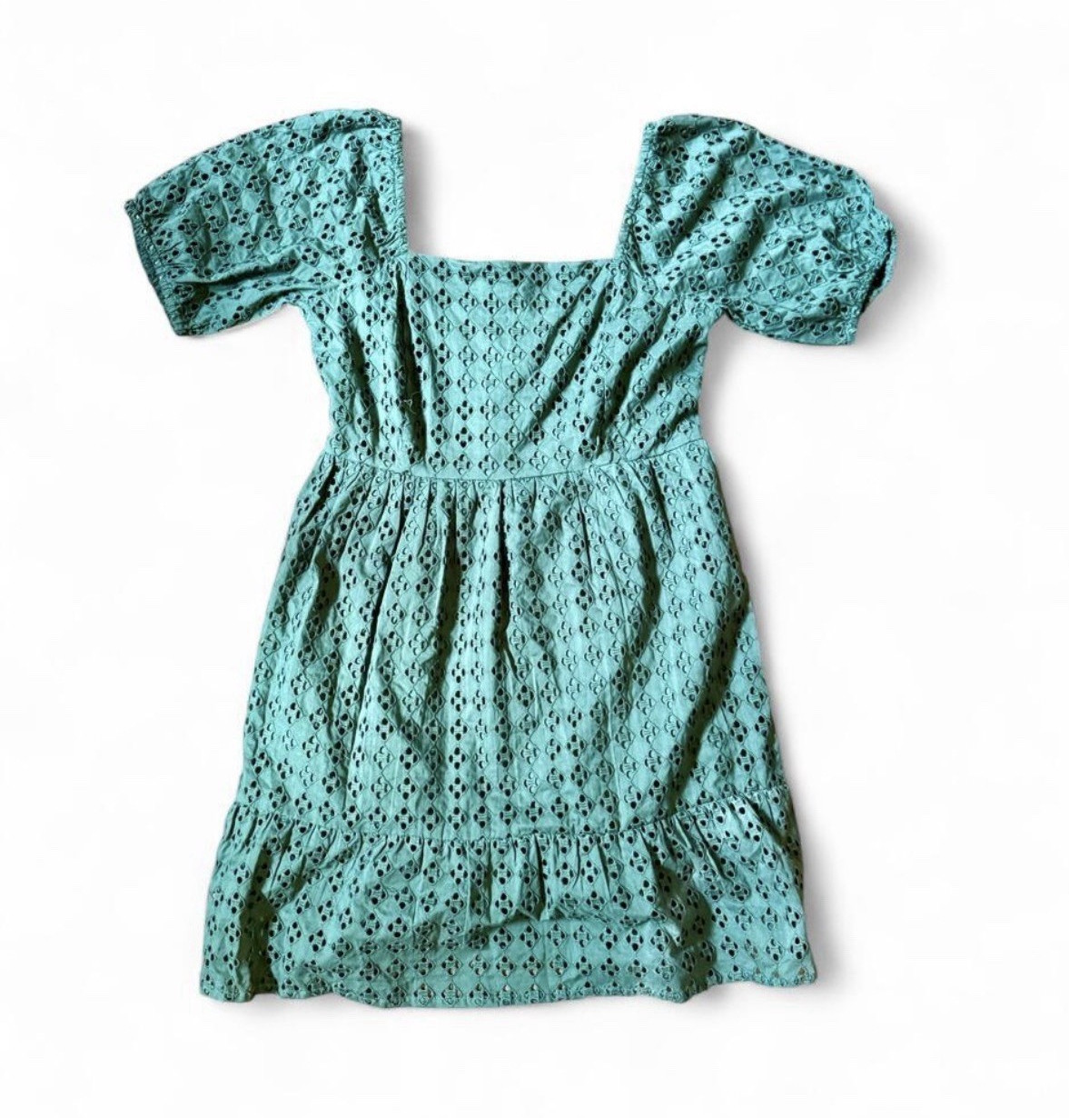 La Blanca Eyelet Smocked Square Neck Puff Sleeve Babydoll Dress Green