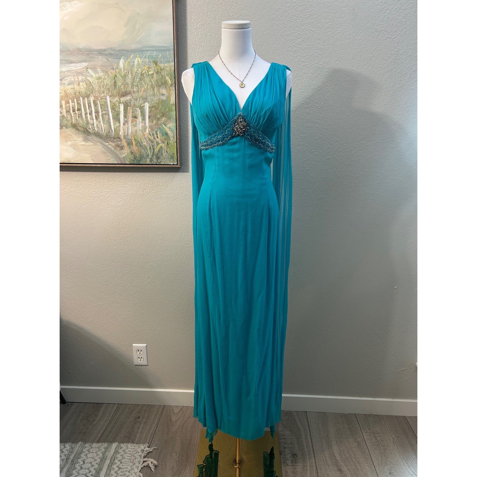 Vintage 1970s Turquoise Cape Sleeve Goddess Gown Rhinestone Beaded Formal Dress