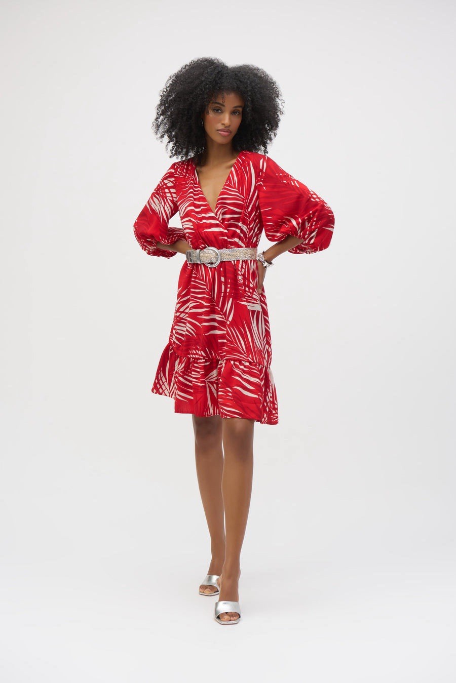 Joseph Ribkoff Dress Sz 6 Tropical Tiered Flounce Surplice Faux Wrap Belted Red