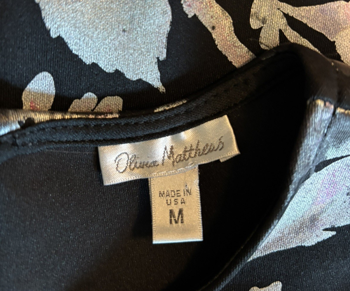 Olivia Matthews Sheath Dress Black Silver & Floral Print Size Medium Classy Glam