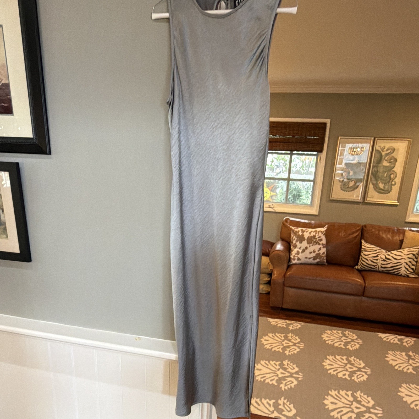 GAP Gray Solid Satin Maxi Long Dress S Scoop Neck Sleeveless Backless Tie Back