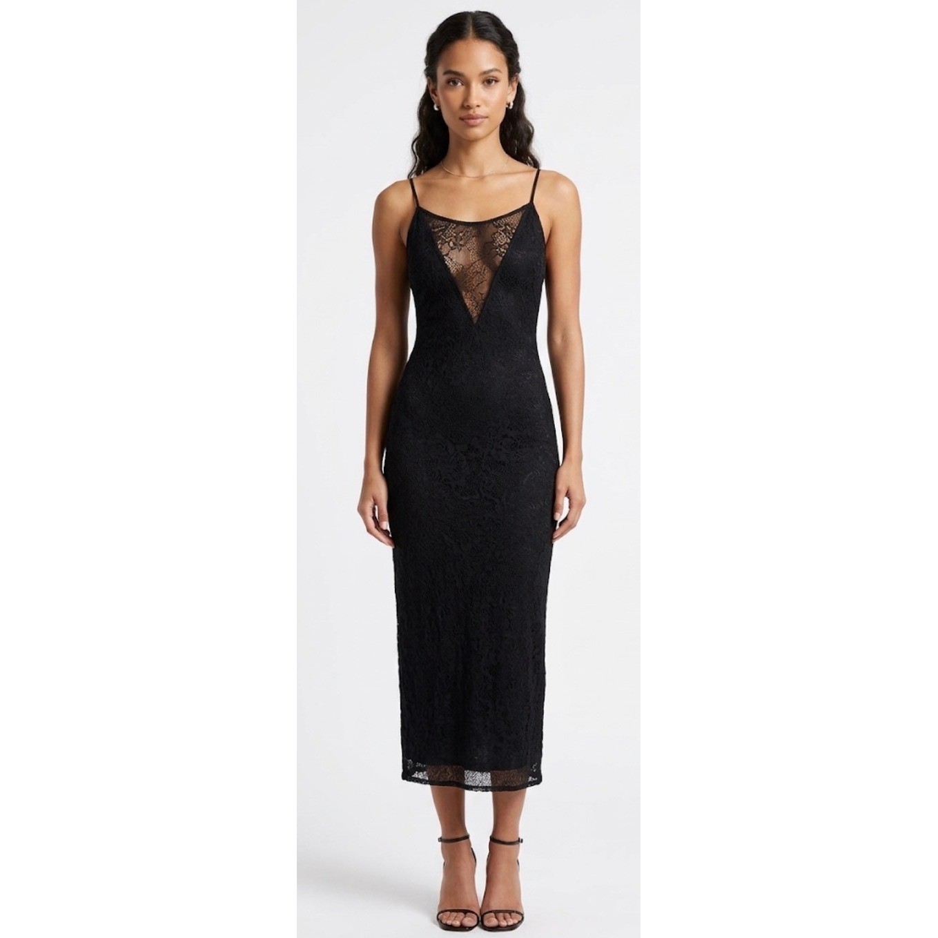 AQUA Black Pointelle Lace V-Neck Midi Dress Size Large Spaghetti Strap NWT