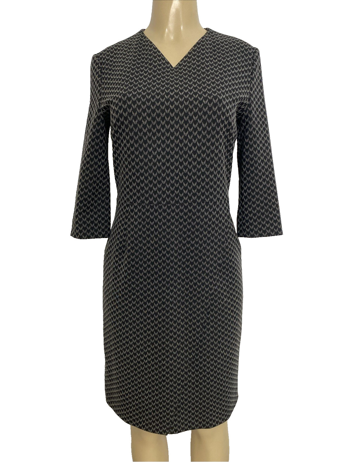 BOSS Hugo Boss Dylea Sheath Dress 3/4 Sleeve Black Gray Knee Work V Neck 6 US