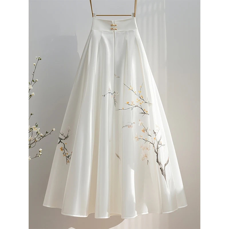 Elegant Temperament Chinese Style Printing Solid Color Skirt Women Spring Summer