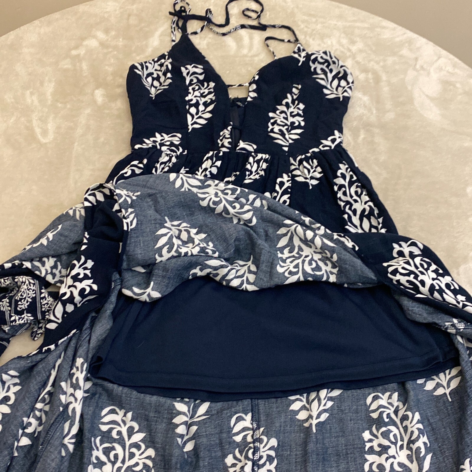 Miss Avenue Womens Navy Blue Leaf Print Split Neck Side Slit Maxi Dress Size S