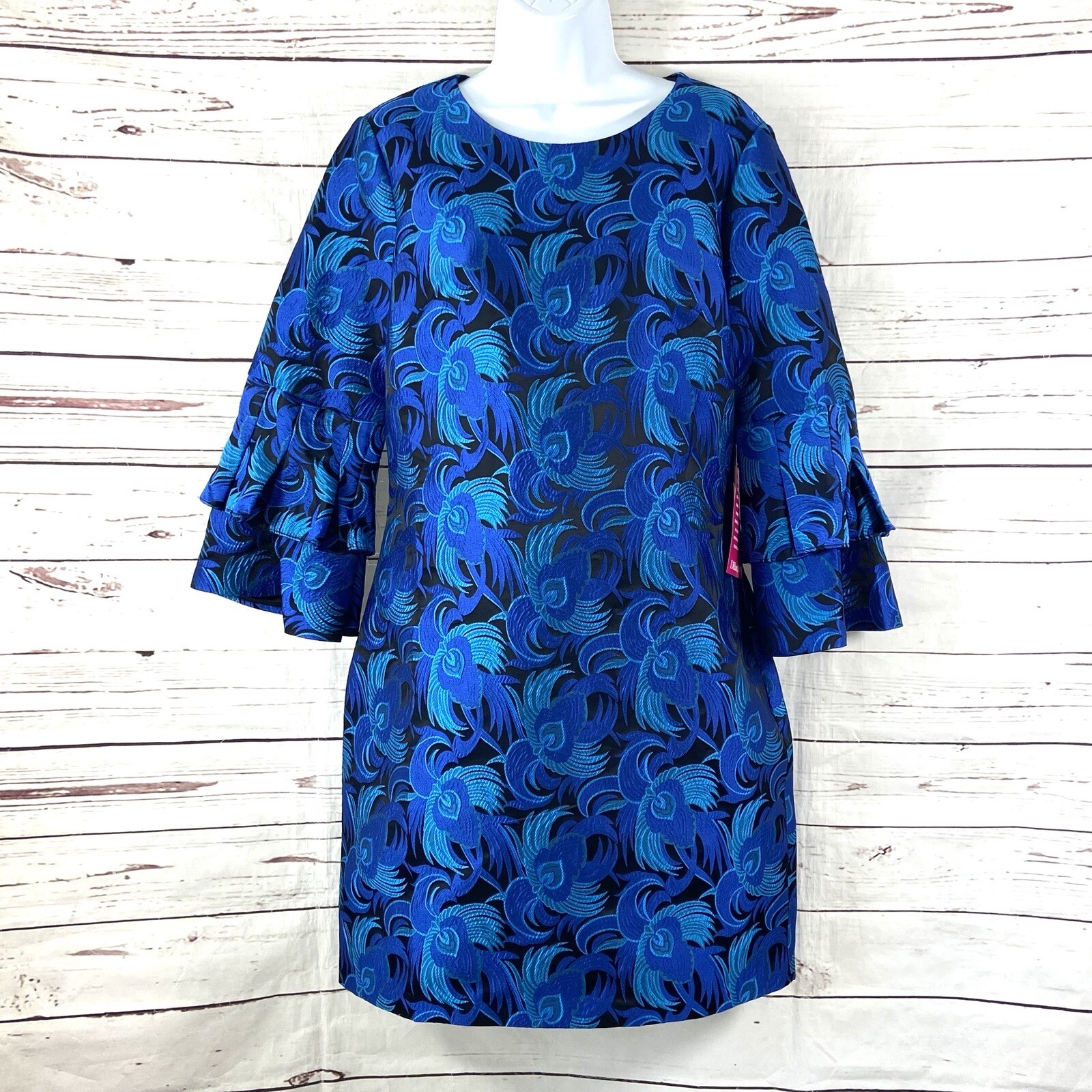 Belle Badgley Mischka Dress Womens 10 Blue Sheath Floral Embroidered Bell Sleeve
