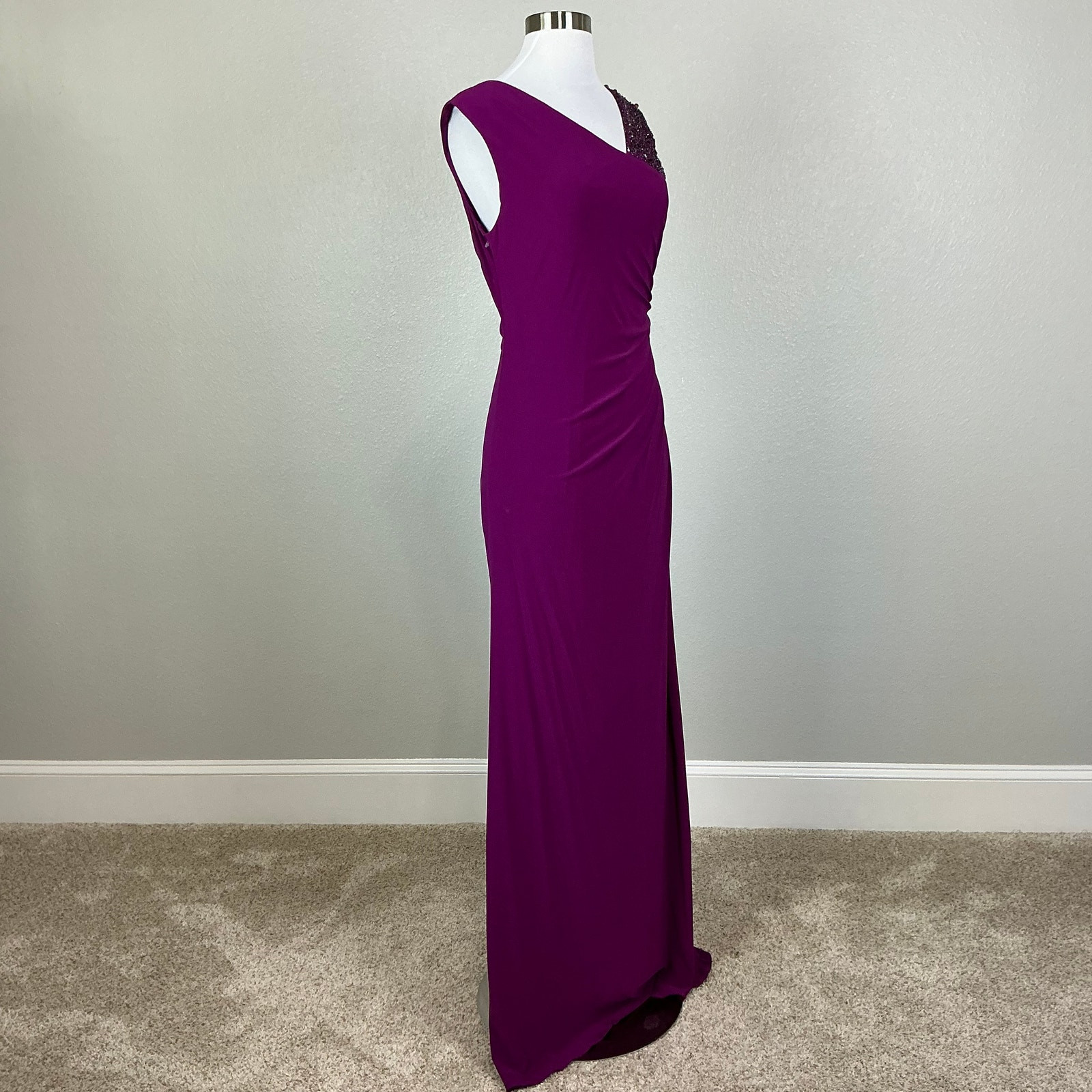Adrianna Papell Pink Evening Gown Beaded One Shoulder Long Column Dress Size 8