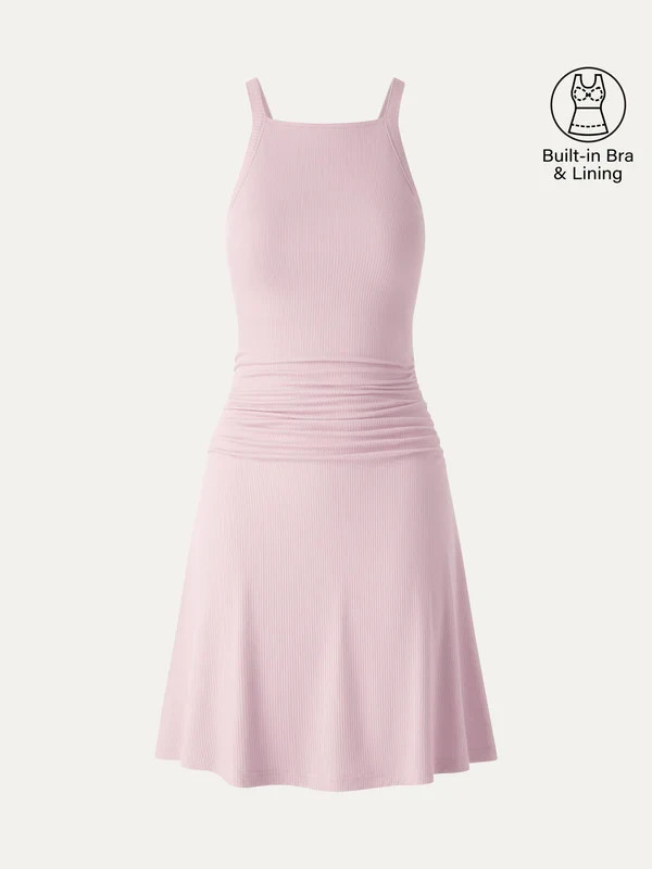 Women’s Square Neck Mini Dress Built In Bra Stretch Casual Dress, Pink,Freeship