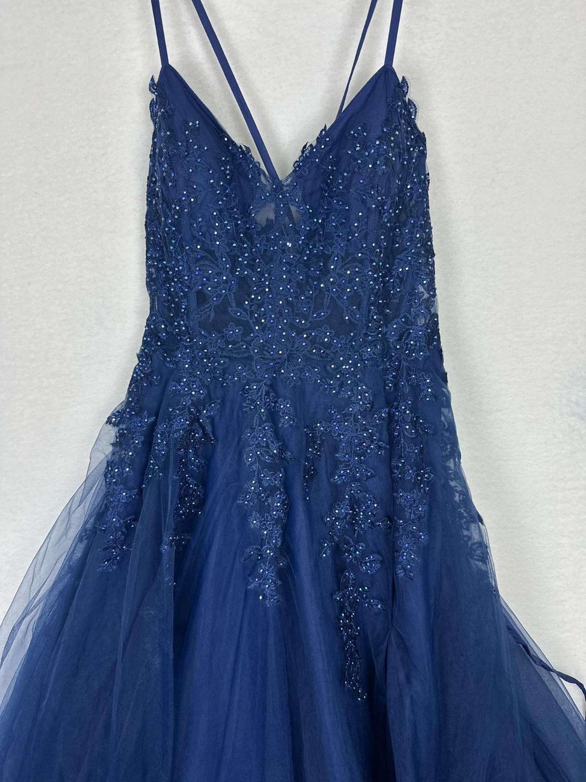 Say Yes Embroidered Ball Gown Juniors Size Navy Applique Side Slit Lace Up FLAW