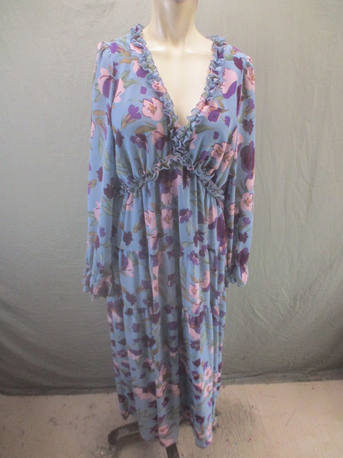 Unbranded Size XL Womens Floral Plunge Long Sleeve Blouson Flowy Maxi Dress 879