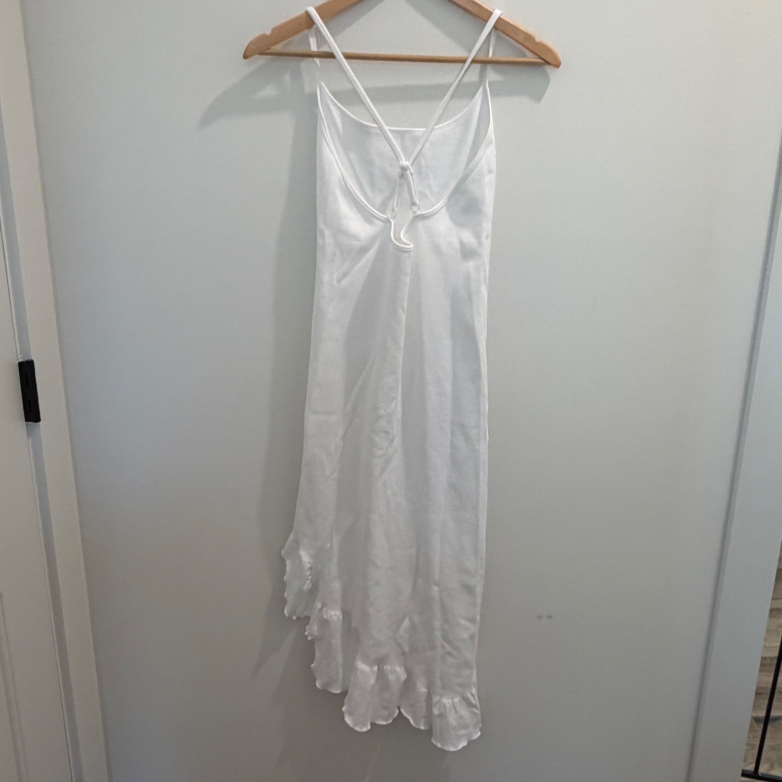 OQQ White Ribbed Ruffle High Low Midi Dress XL Strappy Back Slit Sleeveless